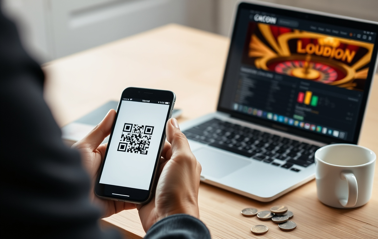 Person som viser Bitcoin-transaksjon på mobil foran en laptop på et kafébord.