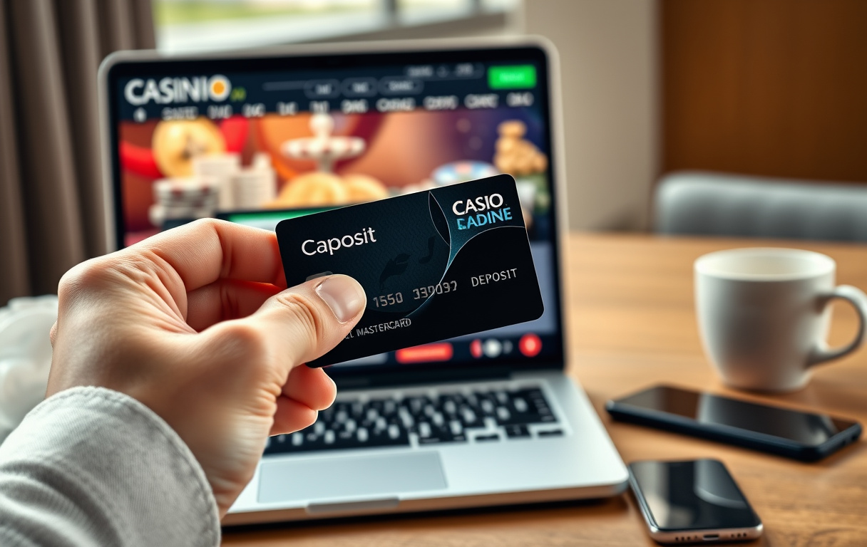 Person holder Mastercard debetkort foran laptop med casino kasse og BankID-vindu