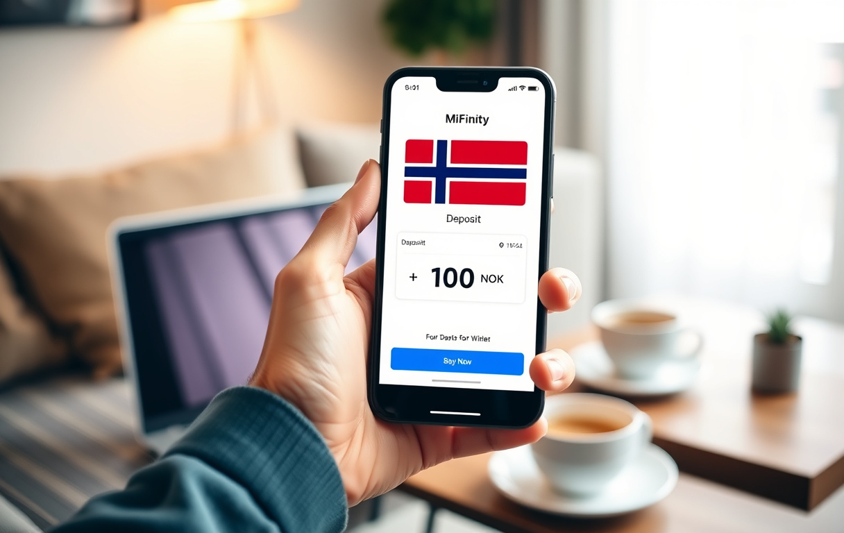 Person som betaler med MiFinity på mobilen foran en laptop med et casino