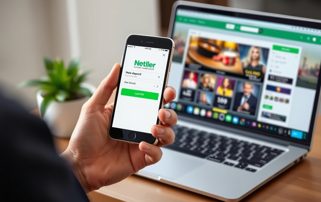 Person som holder en mobil med Neteller-appen åpen, foran et uklart casino-miljø.