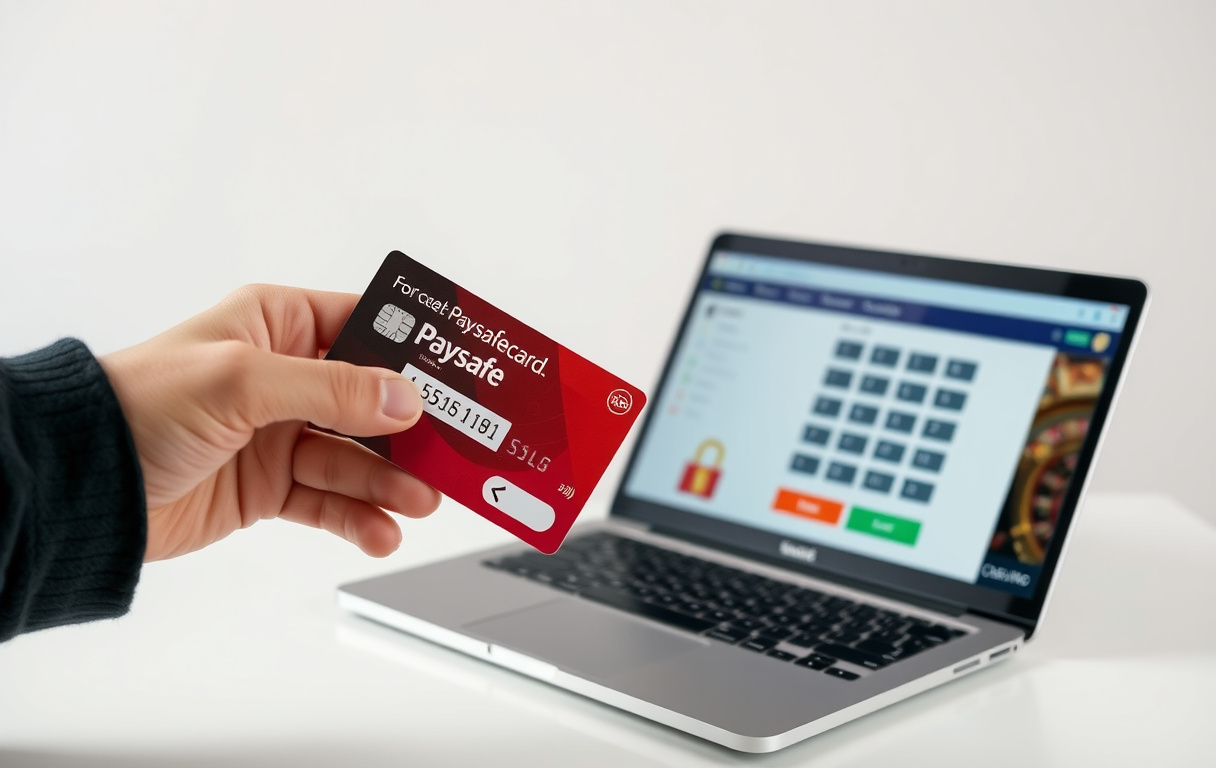 Person med Paysafecard-kort foran laptop med casino på skjermen