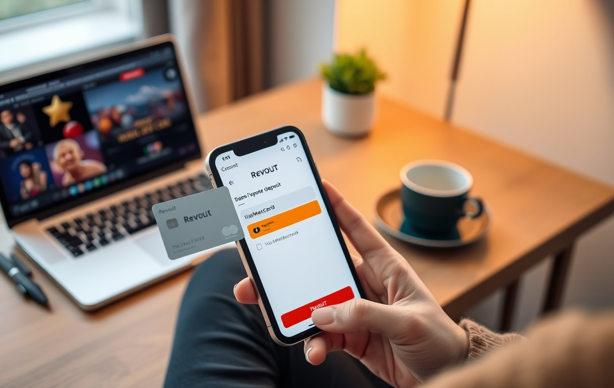Person med mobiltelefon og Revolut-appen åpen foran en laptop med casino på skjermen