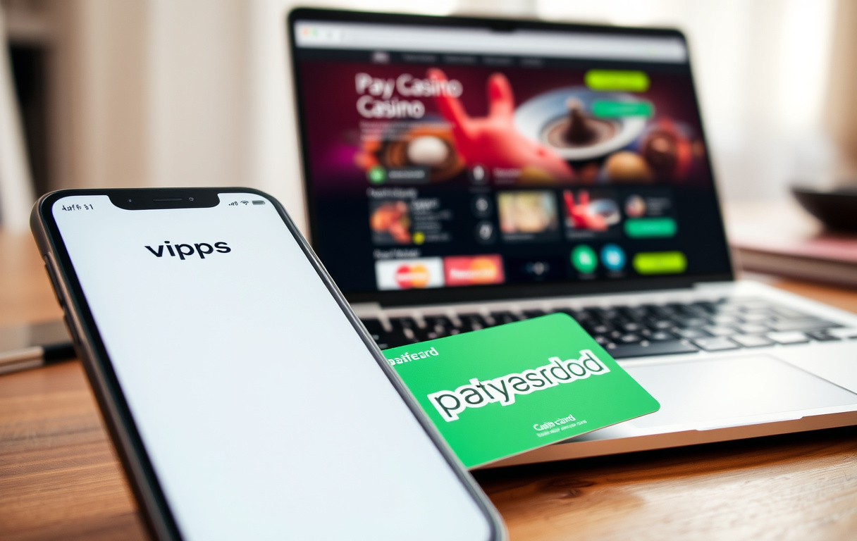 Person med Vipps-app på mobilen og casino-pålogging på laptopen.