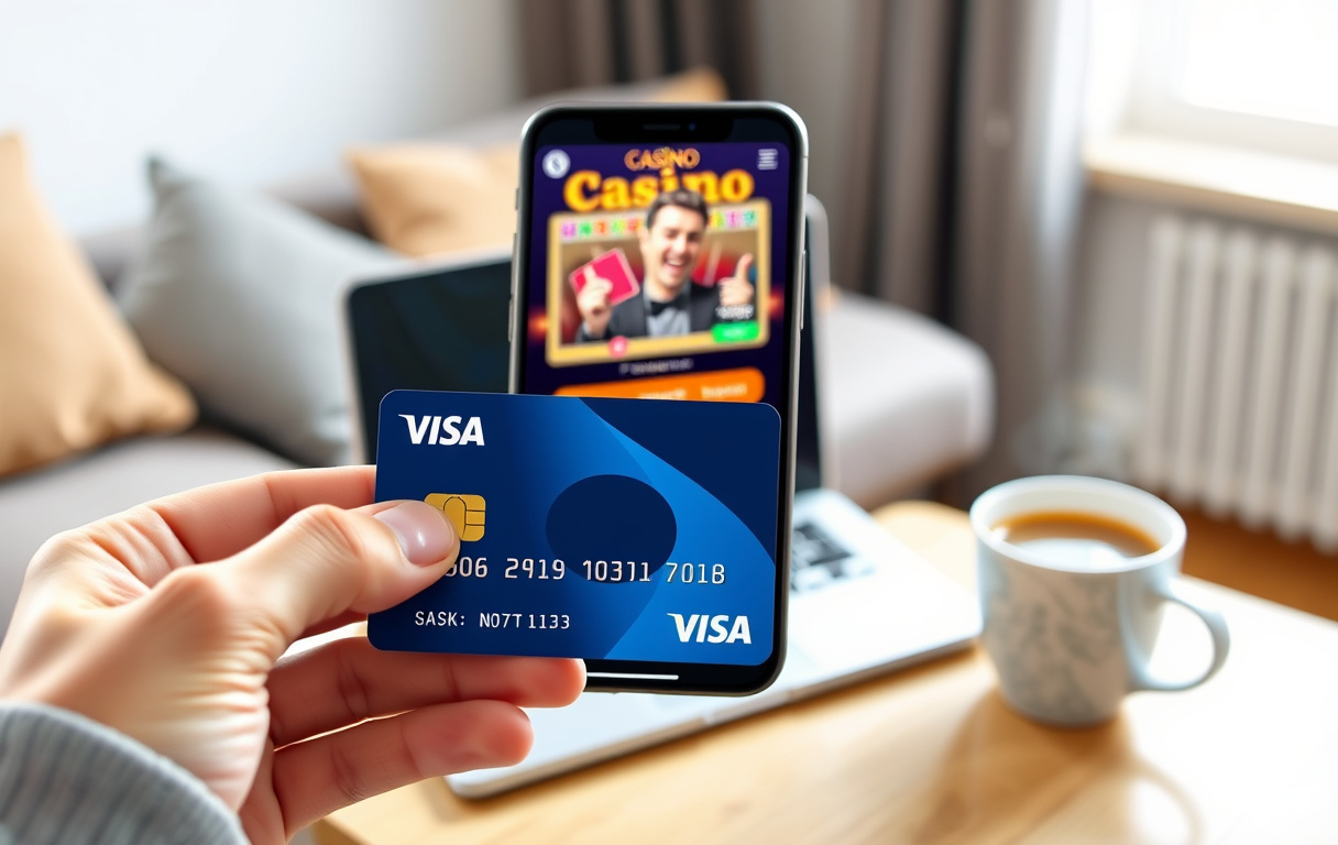En hånd som holder et Visa-kort ved en mobiltelefon med casinospill på skjermen