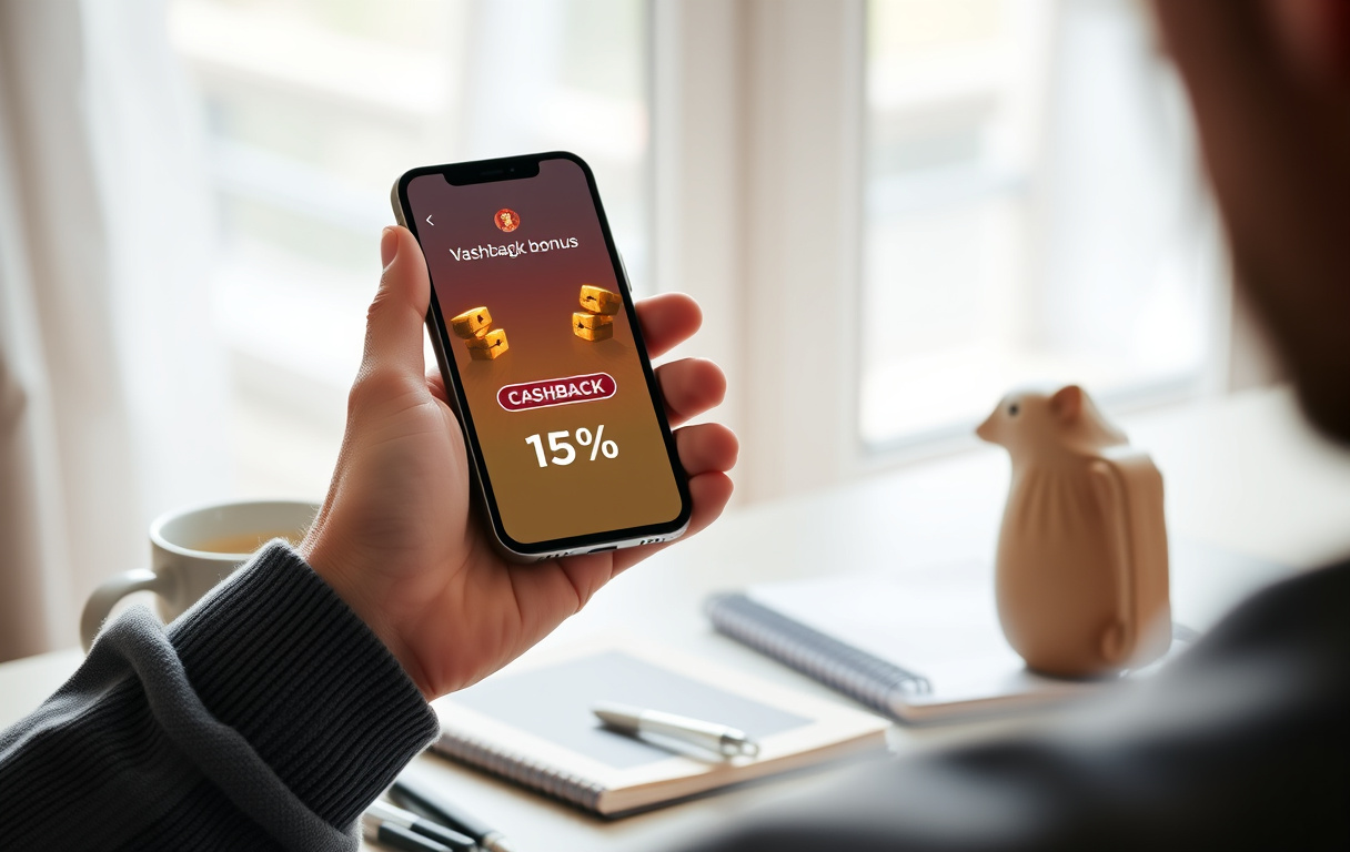 Norsk spiller ser på cashback-melding på dataskjerm i stue