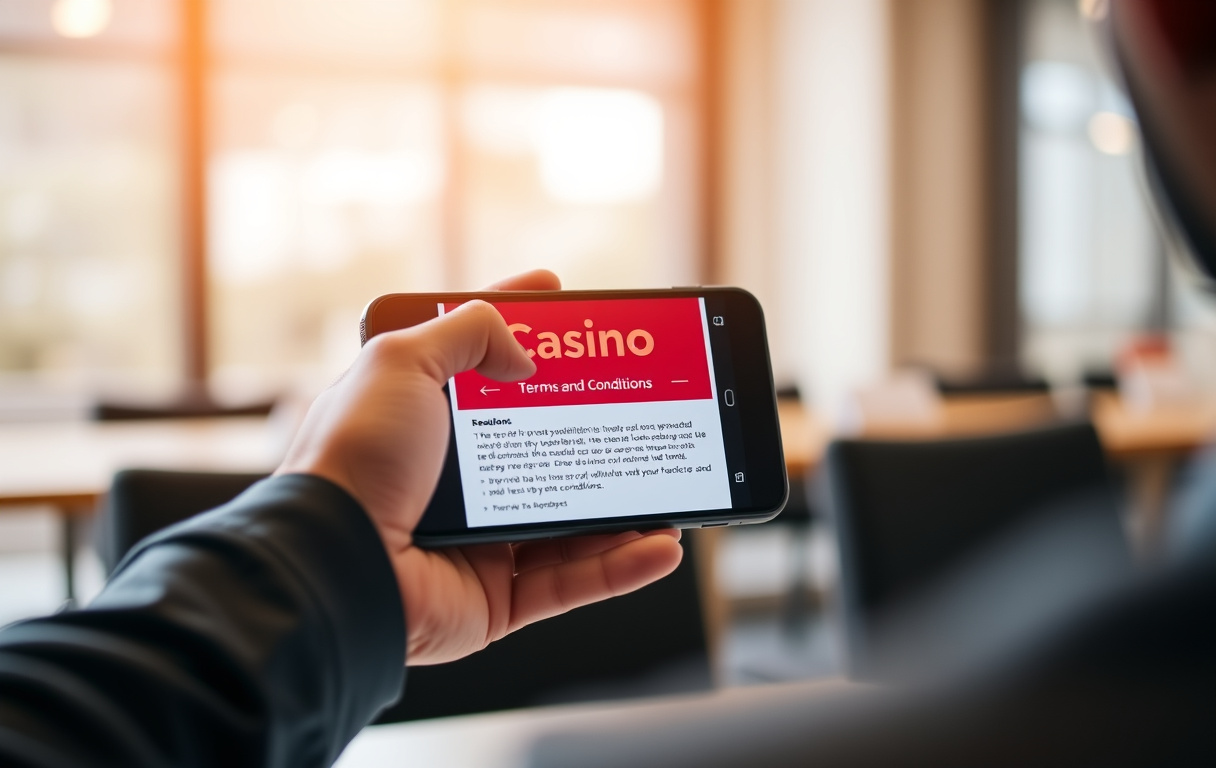 Smarttelefon som viser innskuddsbonus på et nettcasino, hånd med bankkort, bakgrunn med kasinochips og spilleautomat.