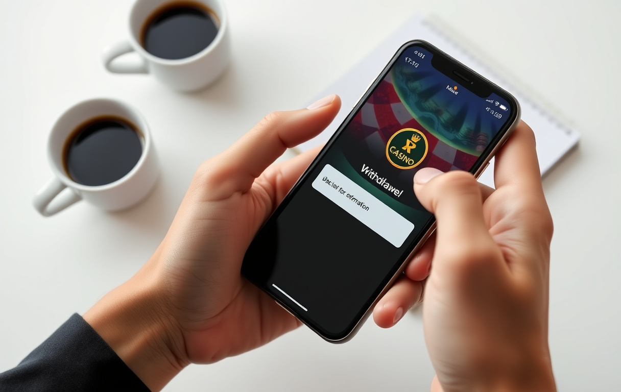 Person som holder mobil med utbetalingsbekreftelse fra nettcasino, rolig kontormiljø