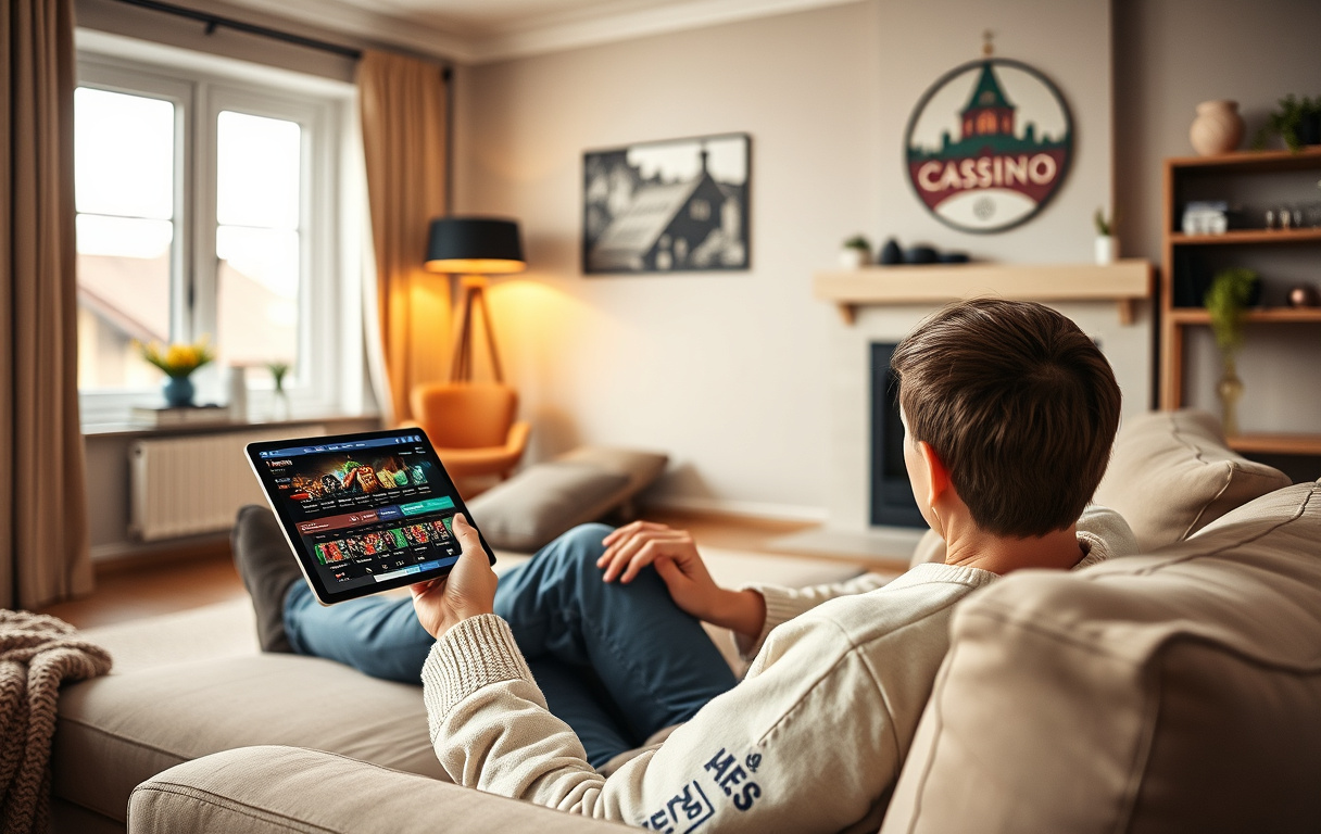 Person som sammenligner casinoer på mobil og laptop, koselig hjemmemiljø