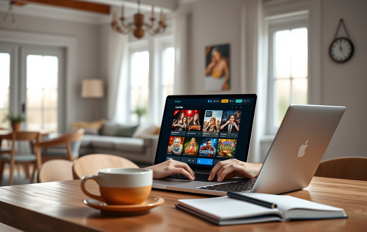 Person som sammenligner casinoer på laptop med notatblokk og kaffekopp