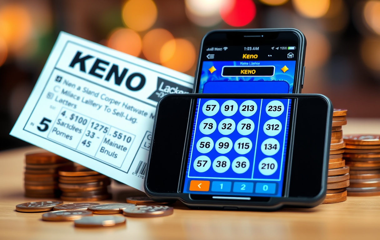 Keno-billett og mobiltelefon med Keno-spill, mynter i bakgrunnen