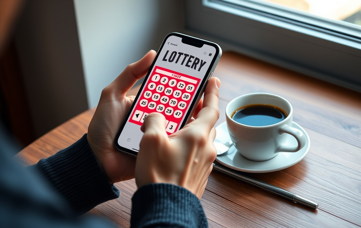 Person som spiller lotto på mobilen med en kopp kaffe ved siden av